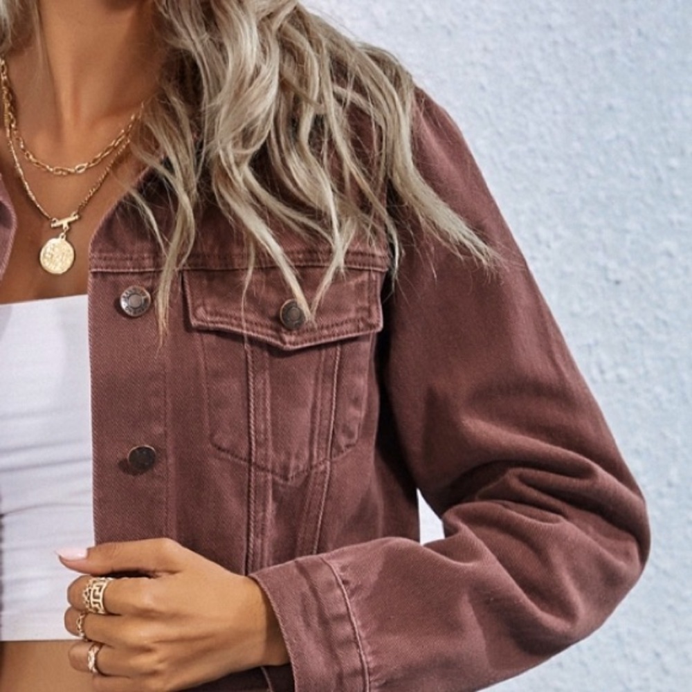 Linen Cotton Blend Brown Cropped Trucker Jacket Long Sleeve Size M versatile